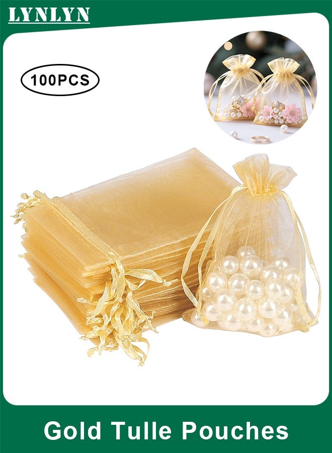 LYNLYN 100PCS Gold Tulle Pouches With Drawstring,  Mesh Drawstring Favor Pouches for Jewelry Candy Weddings and Parties（8 × 10 cm） - Image 1